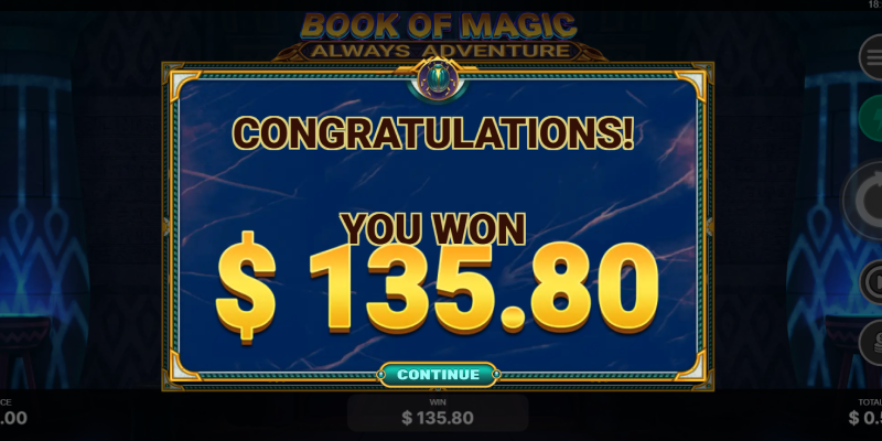 BOVEGASカジノの入金不要ボーナスで遊んでみたスロットゲーム「Book of Magic: Always Adventure」フリースピンで$135.80を獲得