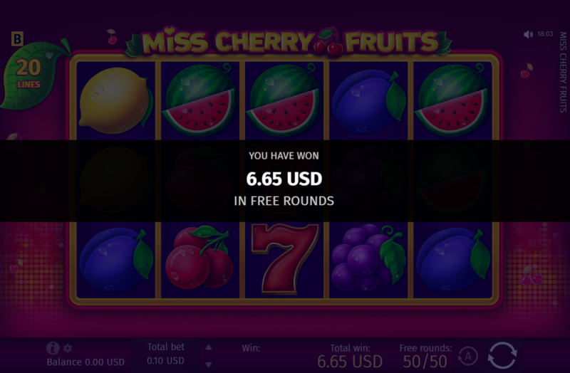 カジノギャラクシー|入金不要ボーナスの対象ゲーム「Miss cherry fruits」で遊んだ結果