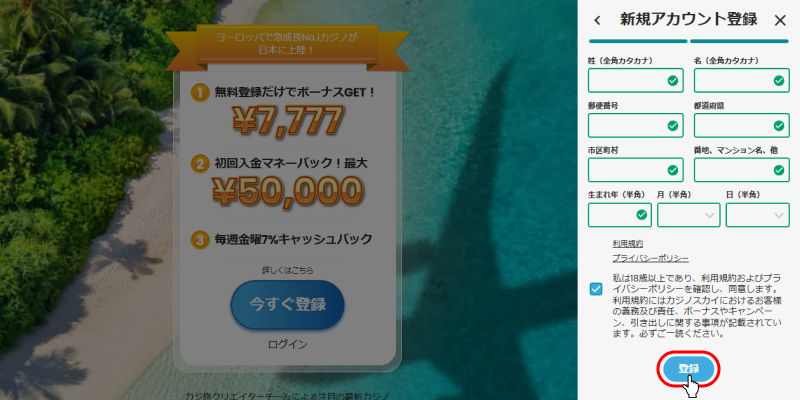 カジノスカイ新規登録画面②