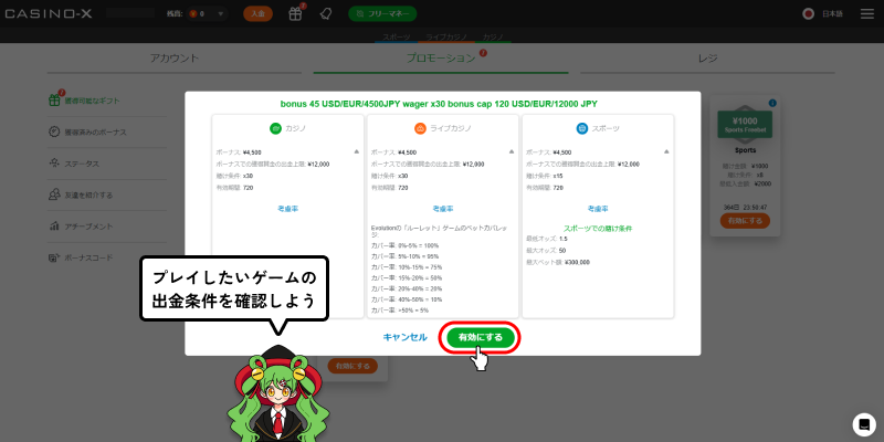 カジノエックス4,500円入金不要ボーナス有効化画面