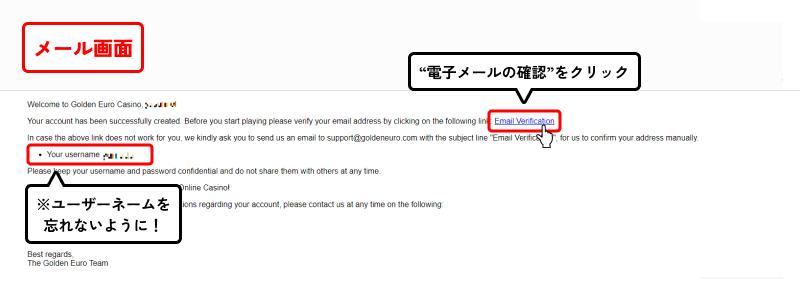 ゴールデンユーロカジノメールアドレス認証画面