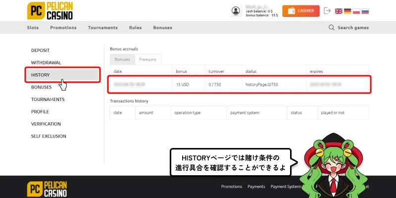 ペリカンカジノ|賭け条件の進行具合確認画面