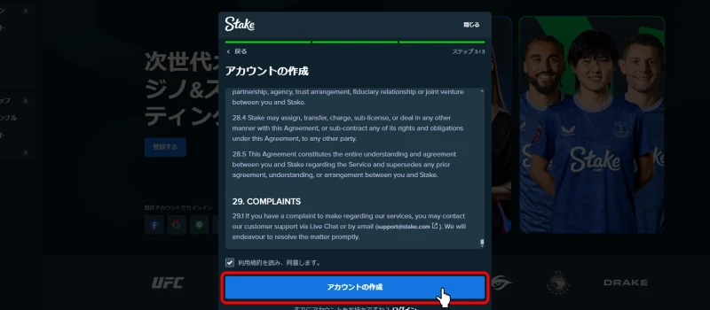 ステークカジノ|利用規約確認画面