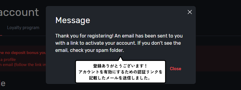 TUZBET（トゥズベット）認証メール送信通知画面